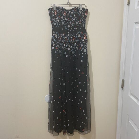 Modcloth Black Floral Tulle Embroidered Midi Strapless Dress Women's Sz XS - Picture 1 of 8